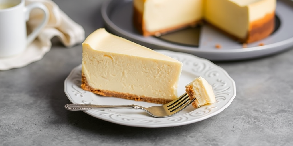 A slice of creamy cheesecake on a decorative white plate with a fork beside it and a whole cheesecake in the background on a gray plate.