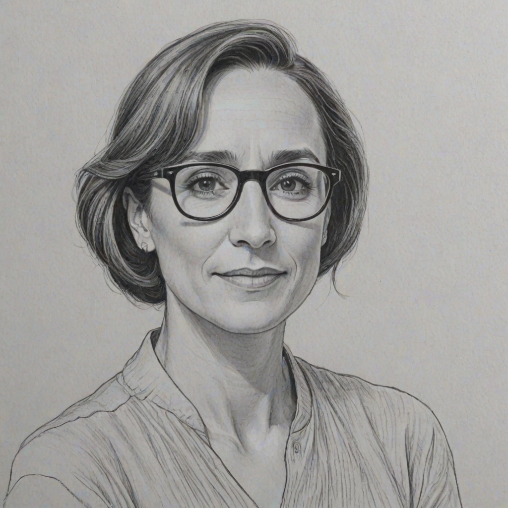 Ravishing Laurie Metcalf, pencil sketch, portrait of Comely woman 1962s in glasses, hair style beatnik, outline, clear lines, fine lines, 8k