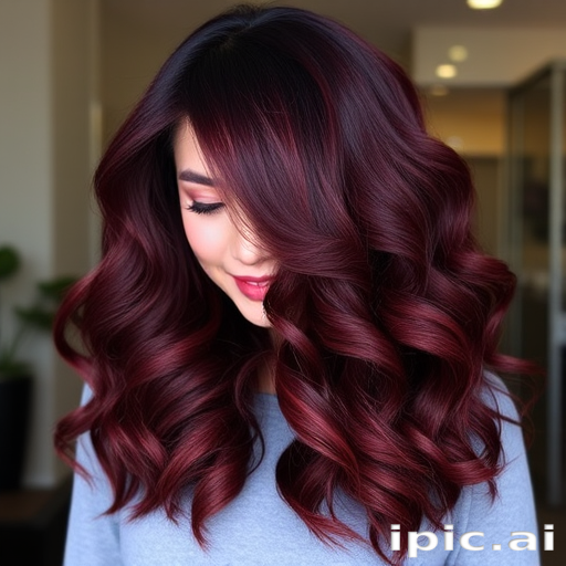 Deep burgundy tresses arranged in the "Velvet Vixen" style feature voluminous curls and a side-swept fringe, with subtle garnet highlights adding depth and dimension