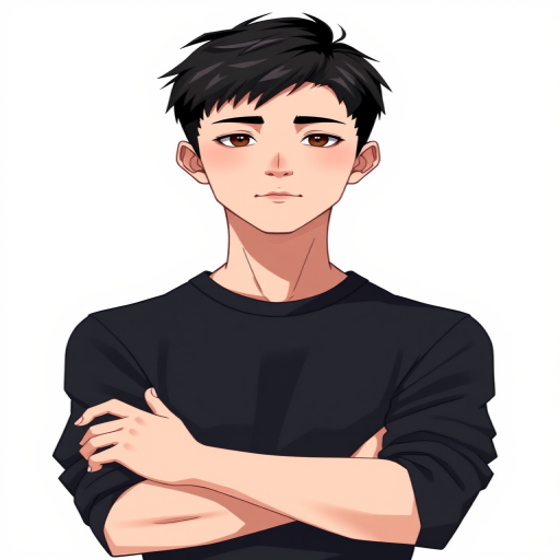 Create a digital illustration of a young man with short black hair and a neutral expression, wearing a black long-sleeve shirt, arms crossed, soft lighting, high resolution, camera settings: ISO 100, aperture f/4, shutter speed 1/125s, view from slightly below eye level, using a digital art style like vector art.