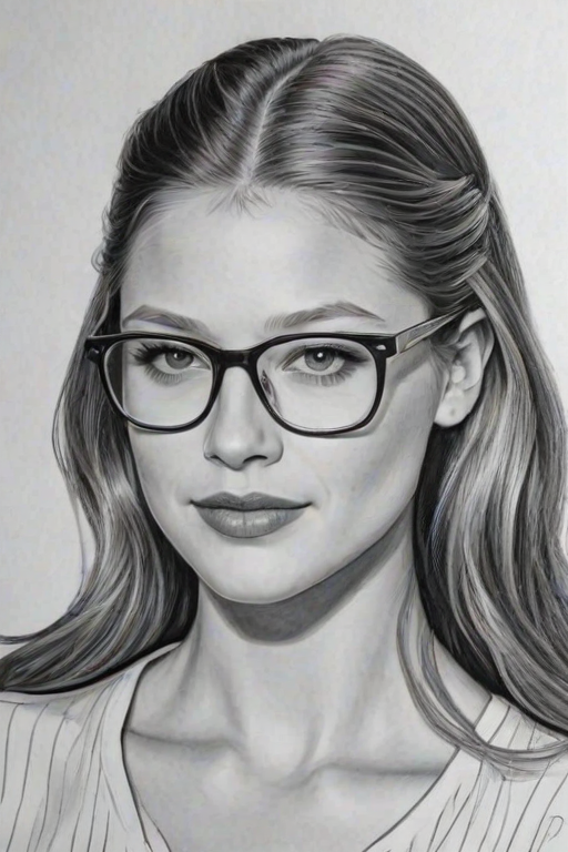 Enticing Melissa Benoist, pencil sketch, portrait of Sublime woman 1947s in glasses, hair style beatnik, outline, clear lines, fine lines, 8k