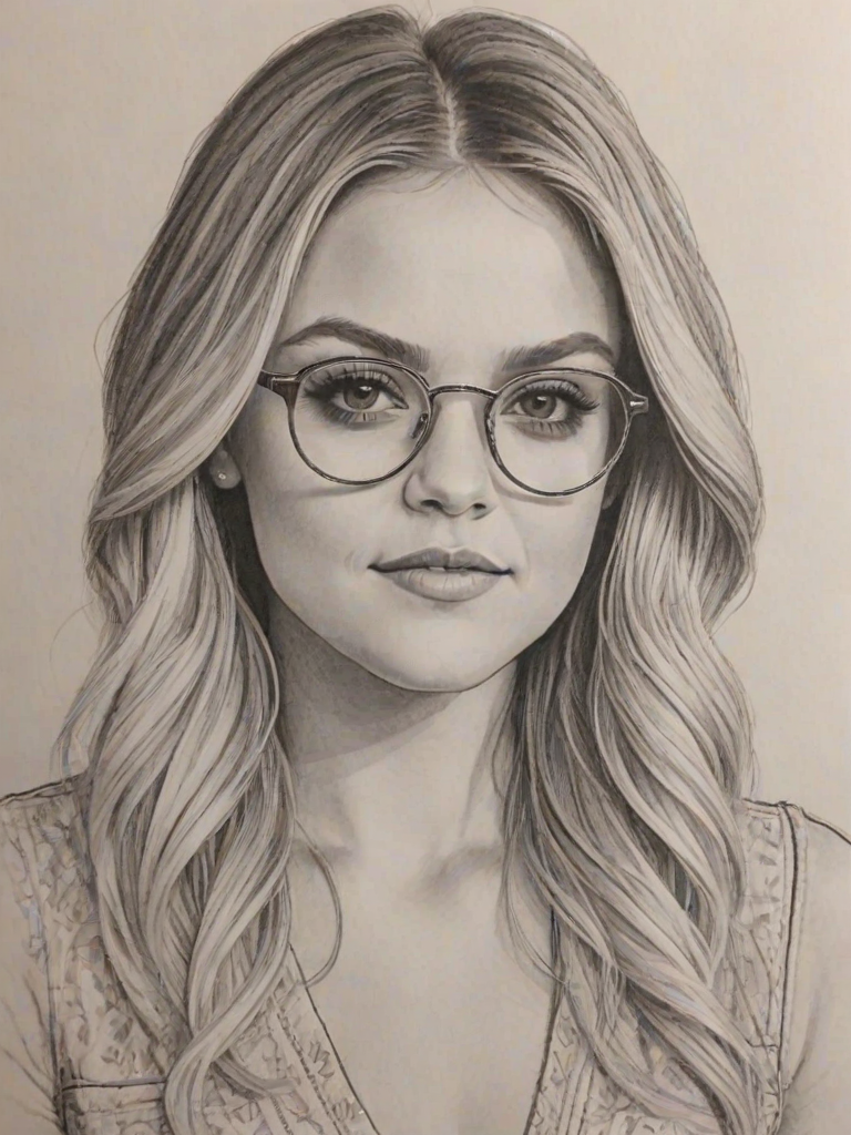 Charming Kelsea Ballerini, pencil sketch, portrait of Gorgeous woman 1971s in glasses, hair style beatnik, outline, clear lines, fine lines, 8k