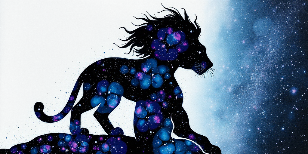 Captivating conceptual render alcohol ink art, double exposure, the paint strokes artfully merge combining a woman's full silhouette with a Sprightly serval's silhouette. The figures are composed of a series of colored dots, lines & spots that evoke the image of a cosmic galaxy, colors are deep shades of blue purple & black with flashes of white & silver representing distant stars. The woman's silhouette is formed within the lion's silhouette from constellations of scattered stars, surreal