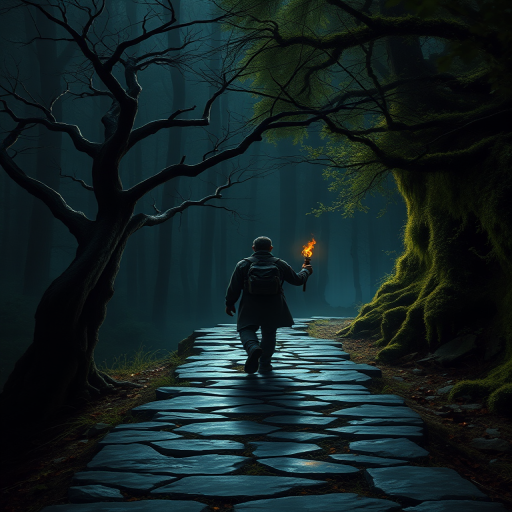 A lone explorer walking on a stone path in the forest, with a gnarled tree with sparse leaves on the left and a dense grove covered in moss and vegetation on the right. In the distance, a figure holding a torch, dressed in dark clothes, is barely visible in the dim light. The scene is enveloped in a quiet and mysterious atmosphere, evoking a sense of venturing into the unknown. High quality image, intricate details, sharp focus, dramatic lighting, photorealistic painting style.