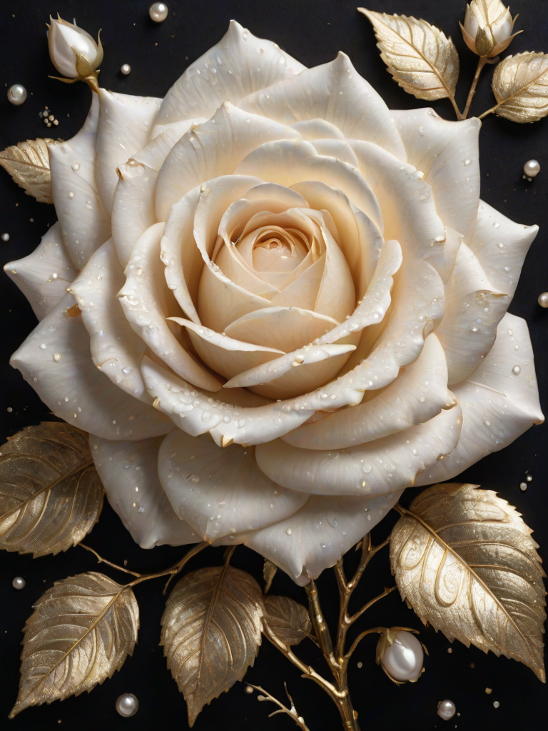 a beautifully detailed white rose with gold accents, surrounded by delicate leaves and soft glowing pearls, on a dark background, vibrant textures and shimmering effects