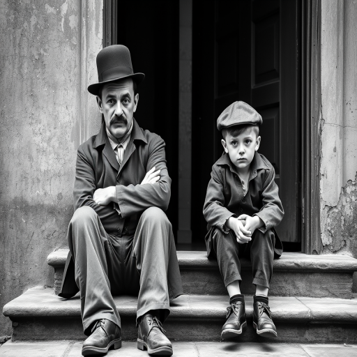 A black-and-white photograph of a man and a child sitting on steps in front of a doorway. The man is dressed as a tramp with a bowler hat, mustache, and ragged clothes, reminiscent of Charlie Chaplin's iconic look. He is sitting with his arms crossed and an expression of slight sadness or frustration. Next to him is a young boy, also in worn clothes and a cap, sitting with his hands clasped, looking thoughtful. The background is an old, textured wall and a partially open door, creating a vintage, early 20th-century atmosphere.