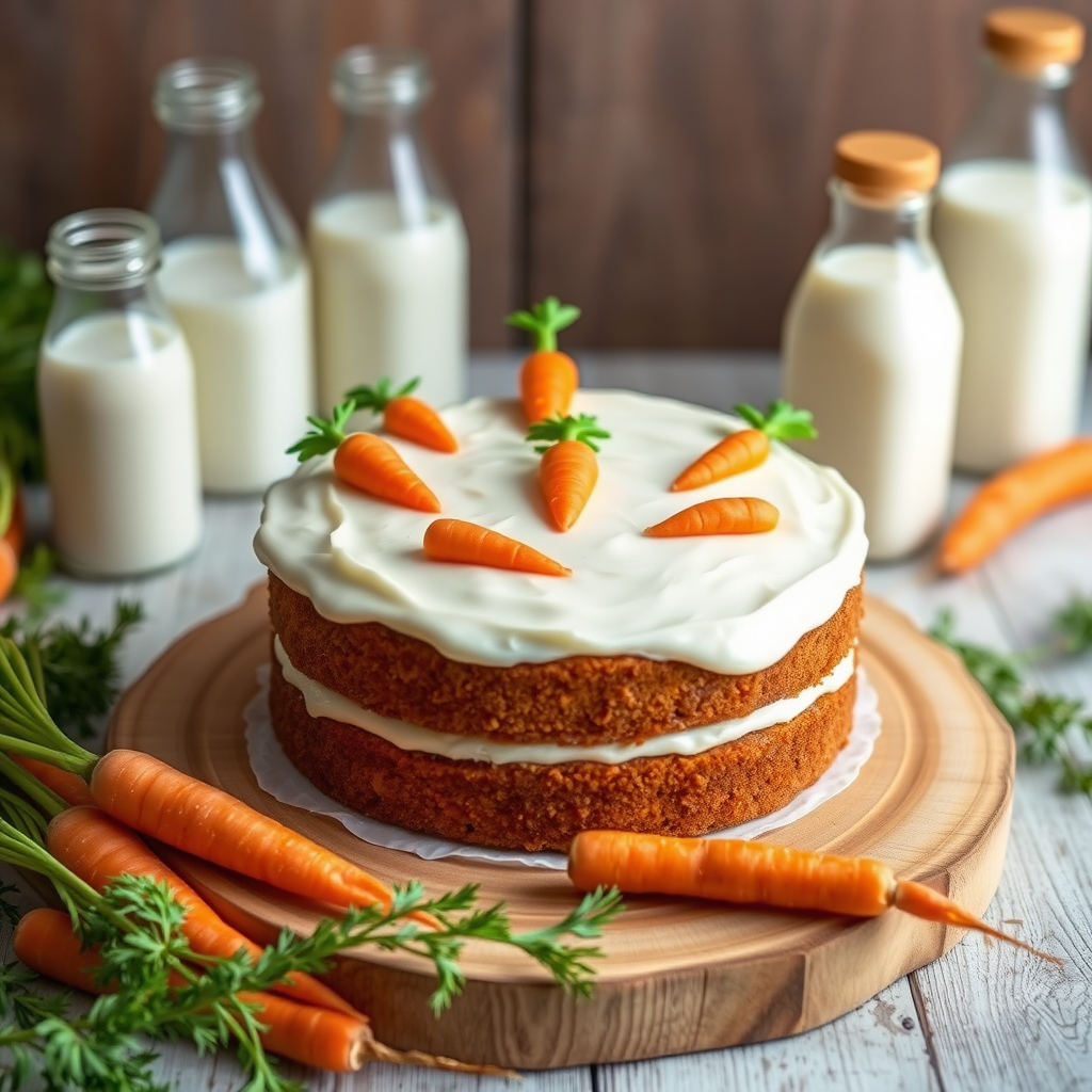 A beautifully decorated carrot cake on a wooden board with orange and green carrot decorations on the white frosting surrounded by fresh carrots and a few bottles of milk in the background.
