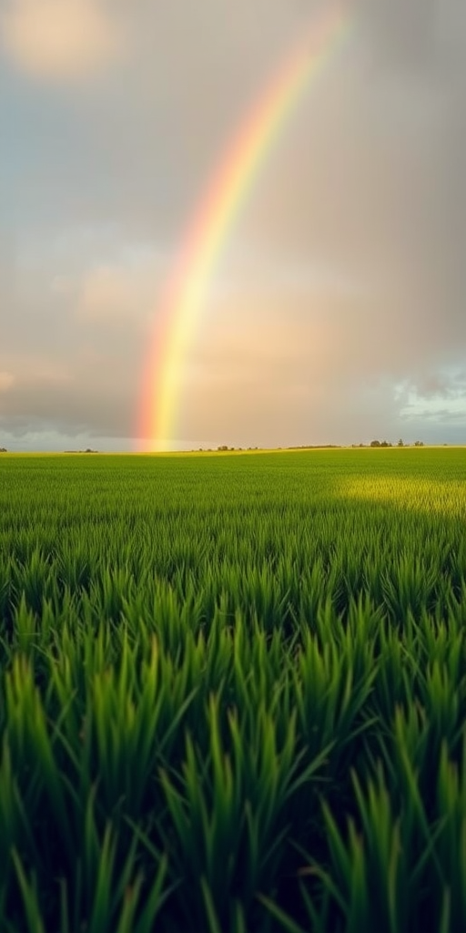 regenerate a landscape image of a field with a rainbow in the sky, taken with a Canon EOS 5D Mark IV, at f/8, ISO 100, 1/200 sec, with a wide-angle lens, capturing a dramatic sky and vibrant greenery in soft natural light