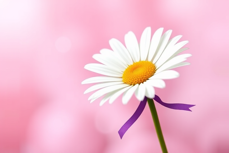 Create a high-resolution digital illustration of a white daisy with a yellow center and a purple ribbon on the stem against a soft pink bokeh background, using a 50mm lens at f/2.8 with a shallow depth of field, captured from a slightly elevated angle for an artistic view, and rendered in a vibrant, illustrative style.