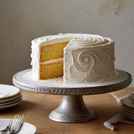 Create a three-layer cake with a light, fluffy texture. The cake should be covered in smooth white frosting, decorated with elegant swirls on top. Use a simple, rustic cake stand to display the cake, and incorporate a soft, neutral background with subtle textures. Add a sprinkle of powdered sugar around the base for a touch of elegance.
