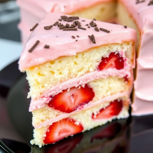A close-up slice of a layered cake showcasing soft sponge layers filled with strawberries and pink frosting, topped with a light glaze and chocolate shavings, with a focus on its moist texture and vibrant colors.
