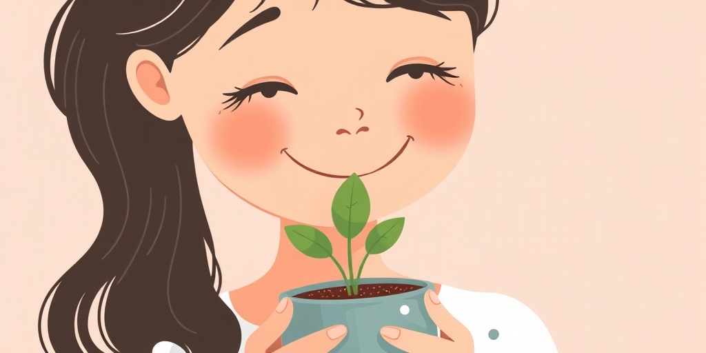 Create a minimalist illustration of a girl with a joyful expression, gently embracing a small potted plant, with a soft pastel background, using a Canon EOS R camera, 50mm lens, f/2.8 aperture, ISO 100, and a natural light setting to enhance image clarity and detail.