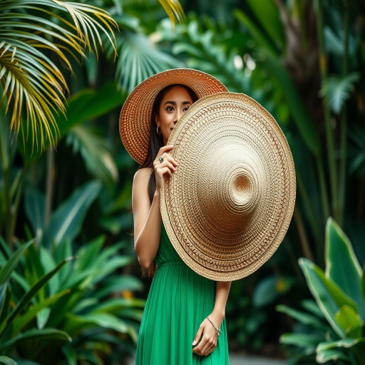 full body portrait of a woman in a vibrant green dress holding a large woven sun hat in a lush tropical garden, f2.8 aperture, 1/200s shutter speed, ISO 100, 85mm lens, soft natural lighting, shallow depth of field, DSLR camera