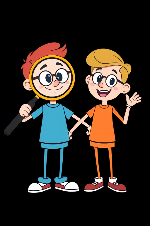 create an image of two cartoon characters, one holding a magnifying glass and the other gesturing cheerfully, in a flat design style, using a Canon EOS R5, 50mm f/1.2 lens, aperture f/2.8, ISO 100, with a bright and vibrant color palette, on a solid black background.