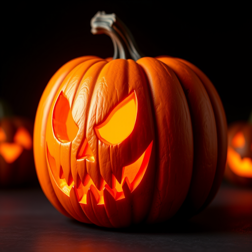 Create a highly detailed and vibrant 3D rendered image of a carved pumpkin with a spooky face, featuring rich orange and yellow hues, set against a dark background, shot with a DSLR camera at f/2.8 aperture, 50mm lens, ISO 100, in a soft focus style to enhance depth and clarity.