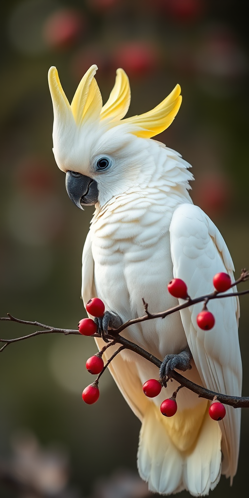 A vibrant white cockatoo with a yellow crest perched on a branch with red berries, captured with a Canon EOS R5, 85mm f/1.2 lens, aperture f/2.8, ISO 200, soft natural light, shallow depth of field, and a blurred bokeh background for enhanced depth and detail.