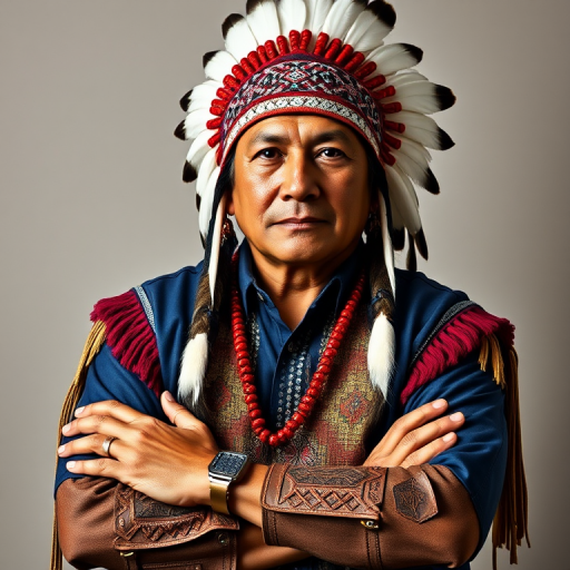 Create a dignified portrait of a Native American man dressed in traditional attire. He wears a beautifully crafted headdress adorned with white feathers and red beads, along with a beaded headband featuring intricate patterns. His clothing includes a deep blue, patterned shirt and a traditional chest piece with detailed beadwork. His arms are crossed, displaying leather armbands decorated with feathers. The background is simple and neutral, emphasizing his proud and stoic expression. The overall image captures the rich cultural heritage and strength of his persona.