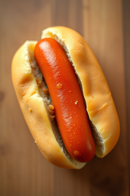 Create a high-resolution image of a cartoon hot dog with a glossy bun and smooth sausage, using a Canon EOS R with 50mm f/1.8 lens, f-stop at 2.8, ISO 100, 1/200 sec shutter speed, top-down view, vibrant colors, and a slightly blurred background for focus enhancement.