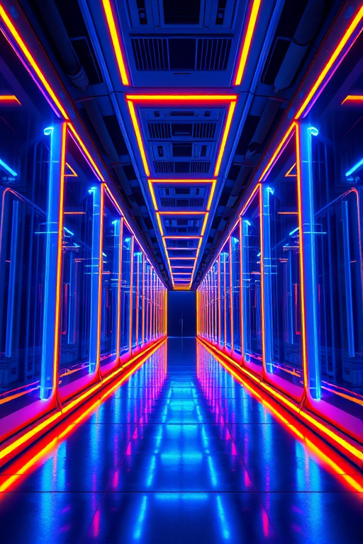 futuristic neon corridor with glowing blue and orange lights, symmetrical perspective, ultra HD, f/2.8 aperture, ISO 100, 24mm lens, 1/60s shutter speed, wide-angle view, high dynamic range imaging, photorealistic rendering