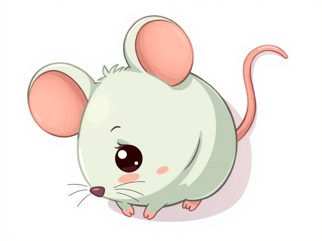 Create a cute cartoon illustration of a mouse with a round body and large ears, using a digital drawing style, 300 DPI resolution, top-down view, soft lighting, and pastel colors.