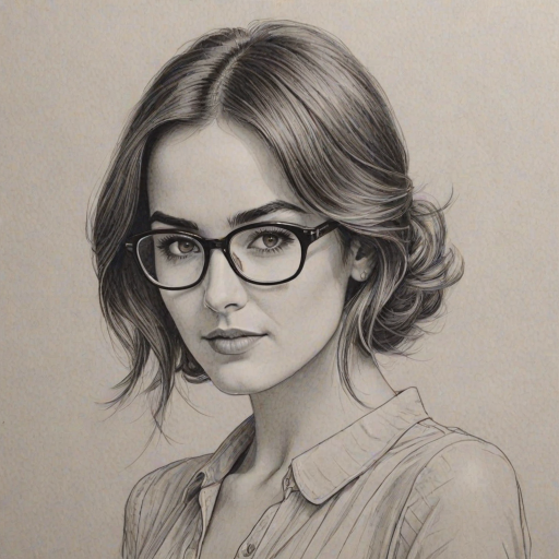 Delightful Camilla Belle, pencil sketch, portrait of Appealing woman 1924s in glasses, hair style beatnik, outline, clear lines, fine lines, 8k