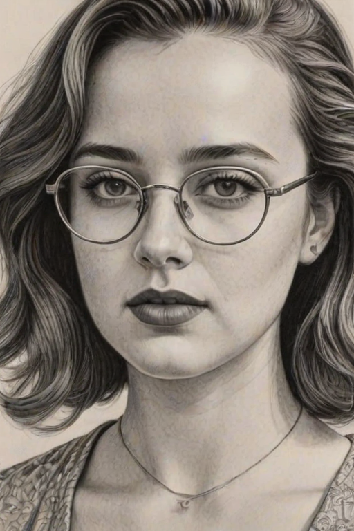 Beauteous Katherine Langford, pencil sketch, portrait of Resplendent woman 1932s in glasses, hair style beatnik, outline, clear lines, fine lines, 8k