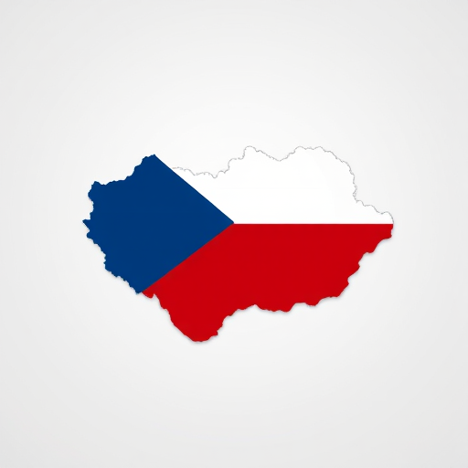 Create a high-resolution digital illustration of the map of the Czech Republic featuring the national colors of blue, white, and red, with a clean and smooth outline, using an 85mm lens at f/8 aperture, ISO 100, in a studio setting with soft, even lighting.