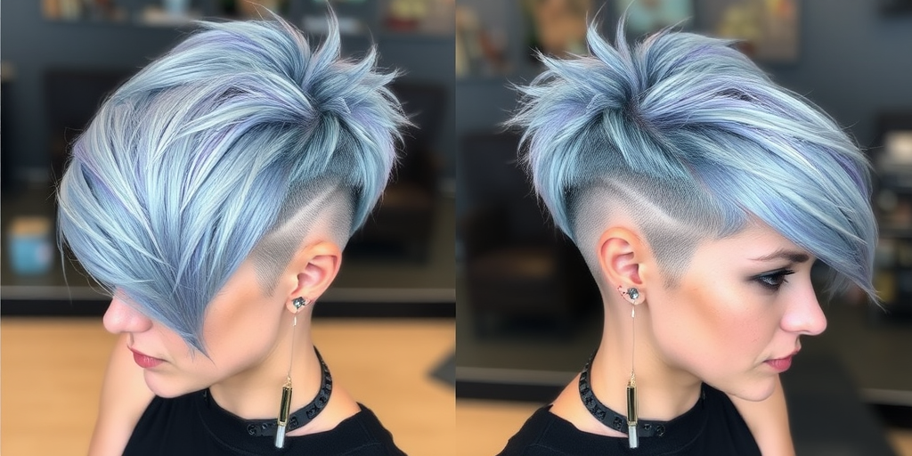 Edgy hair style exhibiting a bold asymmetrical pixie cut with shaved sides and a longer textured top in a striking silver-blue hue