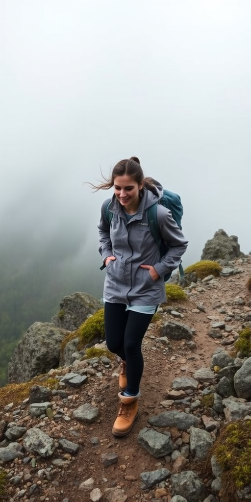 Foggy mountain trail, with dense mist obscuring the peak, a woman in hiking boots and a windbreaker navigates the rocky path, her determination evident in her focused expression.