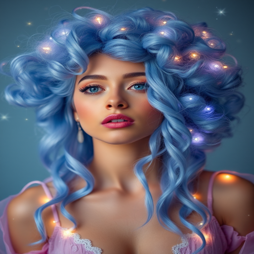 Ethereal periwinkle blue hair styled in a cloud-like afro adorned with twinkling fairy lights, embodying whimsical dreamscape vibes called Celestial Halo
