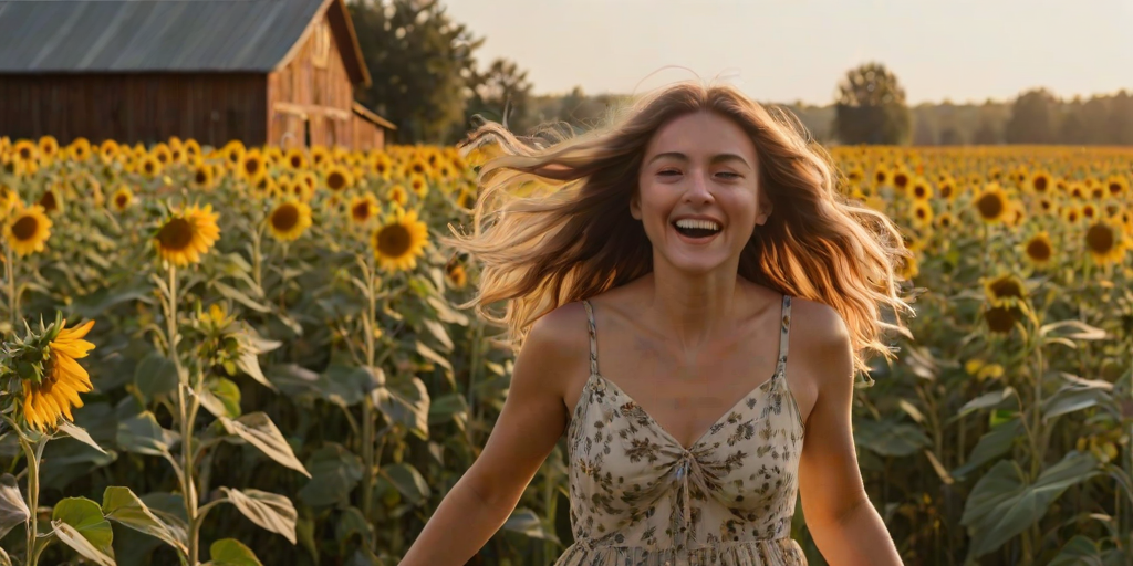 Candid photo, late afternoon, woman in a flowing summer dress running through a sunflower field, hair blowing in the wind, golden sunlight filtering through the tall sunflowers, soft focus on the flowers in the foreground, a rustic wooden barn visible in the distance, playful smile on her face.