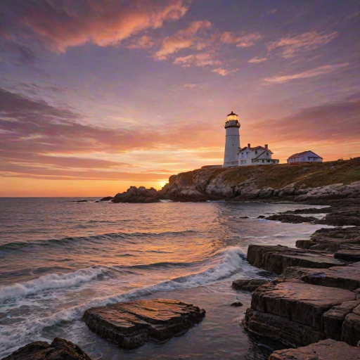 Generate an image of a tall lighthouse perched on a rocky outcrop surrounded by calm ocean waters during a breathtaking sunset. The lighthouse stands sturdy and weathered, its stone surface illuminated by the warm golden light of the setting sun. The sun's rays pass directly through the glass lantern room at the top of the lighthouse, casting a brilliant light across the scene. The sky is painted with vibrant shades of orange, pink, and purple, reflecting off the tranquil sea. The surrounding water shimmers with the same warm hues, creating a serene and majestic atmosphere.