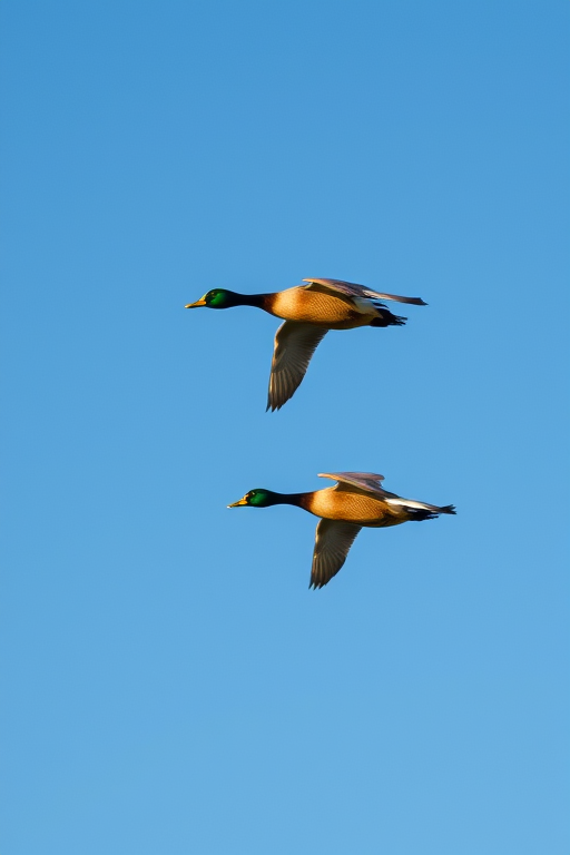 Capture a dynamic shot of three ducks in flight against a clear blue sky using a Canon EOS-1D X Mark III camera at 1/2000 sec shutter speed, f/5.6 aperture, ISO 400, with a 400mm lens in a telephoto view to enhance detail and clarity.