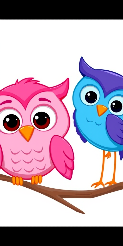 Create a vibrant, animated illustration of two cartoon owls, one pink with large eyes and orange beak, and one blue with purple wings, in a whimsical style against a simple, light background, captured using a digital camera with a 50mm lens, f/2.8 aperture, ISO 100, and soft lighting to enhance colors and details.