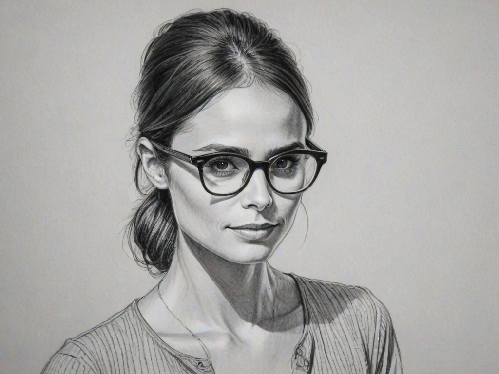 Splendid Jordana Brewster, pencil sketch, portrait of Captivating woman 1963s in glasses, hair style beatnik, outline, clear lines, fine lines, 8k
