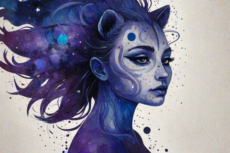 Captivating conceptual render alcohol ink art, double exposure, the paint strokes artfully merge combining a woman's full silhouette with a Curious raccoon's silhouette. The figures are composed of a series of colored dots, lines & spots that evoke the image of a cosmic galaxy, colors are deep shades of blue purple & black with flashes of white & silver representing distant stars. The woman's silhouette is formed within the lion's silhouette from constellations of scattered stars, surreal