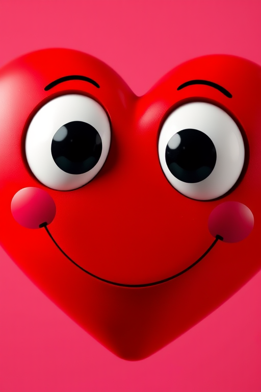 Create a vibrant red cartoon heart with large white eyes and black pupils smiling, taken with a Canon EOS 90D using a 50mm f/1.8 lens, aperture set to f/2.8, ISO 100, and in a bright studio lighting setup, with a focus on enhancing the colors and smooth textures.