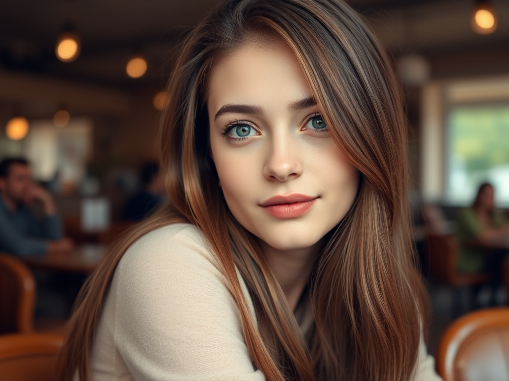 Close-up portrait of a young woman with long brown hair sitting in a cafe, soft natural lighting, shallow depth of field, 50mm lens, f/1.8, ISO 100, DSLR camera, soft focus background, warm color tones.