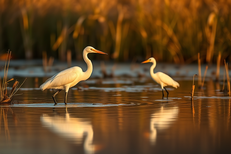 high-resolution photograph of a great egret and a snowy egret wading in shallow water among reeds with a blurred background, taken with a Canon EOS R5, 85mm lens, aperture f/2.8, shutter speed 1/500s, ISO 200, natural light, focus on the birds' reflections in the water, golden hour lighting
