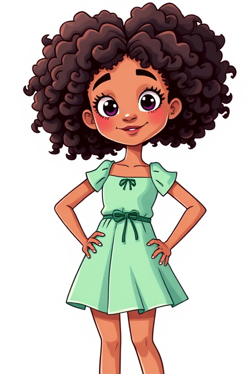 Create a vibrant cartoon-style illustration of a girl with curly hair wearing a mint green dress, standing confidently with hands on her hips, shot with a Canon EOS 5D Mark IV at f/2.8, 50mm lens, in bright daylight to enhance colors and details.