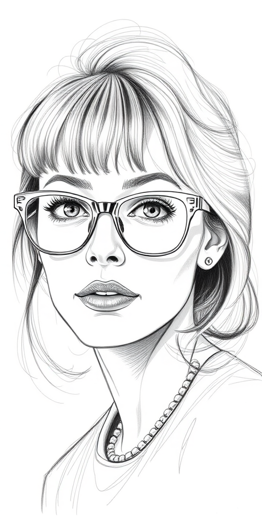 Beautiful Cate Blanchett, pencil sketch, portrait of beautiful woman 60s in glasses, hair style beatnik, outline, clear lines, fine lines, 8k
