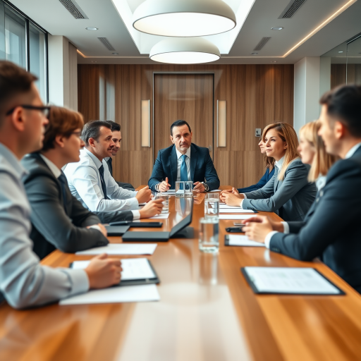 capture a corporate boardroom meeting scene with professionals engaged in discussion, use a Canon EOS 5D Mark IV with a 50mm f/1.8 lens, aperture set to f/2.8 for shallow depth of field, ISO 400 for balanced brightness, soft natural lighting with a warm tone, and a wide-angle view to include all participants in the frame