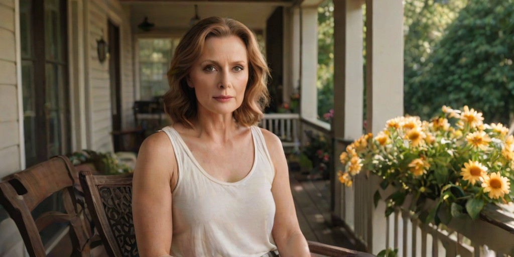 A photo of Greta Garbo with a background of a cozy porch. She has dark hair pulled back in an updo, with tendrils framing her face. She wears a white tank top and sits on the porch. The porch is part of a well-lit home with a warm, earthy tone and colorful flowers and foliage. The overall scene has a warm, welcoming, and comfortable ambiance.