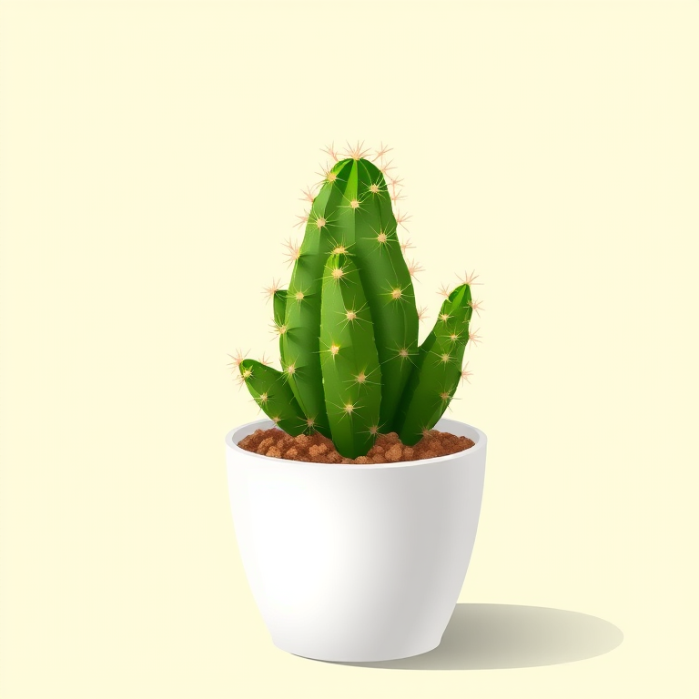 Create a detailed illustration of a cactus in a white pot with a light pastel yellow background, using a DSLR camera with a 50mm lens, aperture f/2.8, shutter speed 1/125s, and a focus on vibrant colors and sharp details.
