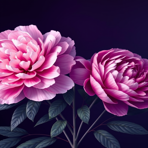 Create a vibrant digital illustration of three large, stylized peonies in shades of pink and purple with intricate leaves on a dark gradient background, using a Canon EOS R5 with an 85mm f/1.2 lens at f/2.8, aperture set to create a shallow depth of field, shot in soft focus to enhance the floral details and colors.