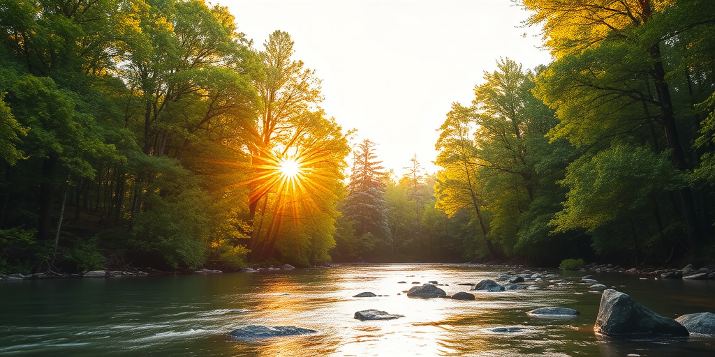Create an image of a serene, sunlit forest scene with a clear, gently flowing river. Tall trees with lush green foliage line both sides of the river, their leaves bathed in the warm golden light of the setting or rising sun. The sunlight filters through the trees, casting soft, dappled light on the river, which flows over smooth rocks and pebbles, creating a peaceful, natural atmosphere. The sky is bright with a few scattered clouds, and the overall mood is tranquil, evoking a deep sense of connection with nature. The image captures the beauty of a calm, pristine forest landscape at either dawn or dusk.