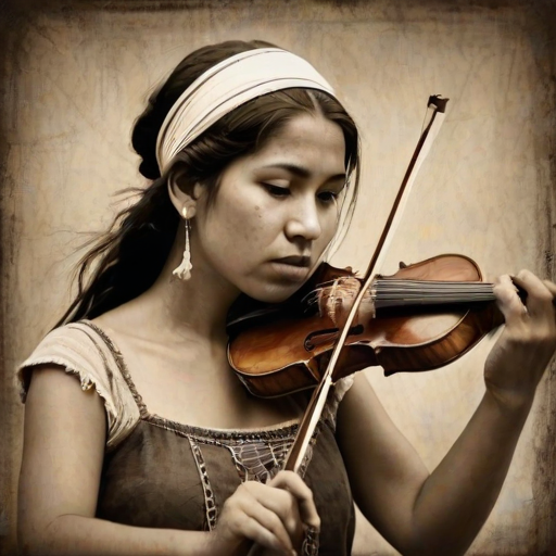 a young Mapuche woman with a white headband playing a violin, in the style of a charcoal drawing, sepia grunge background