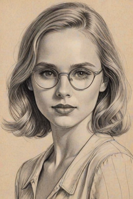 Enchanting Meaghan Martin, pencil sketch, portrait of Captivating woman 1931s in glasses, hair style beatnik, outline, clear lines, fine lines, 8k