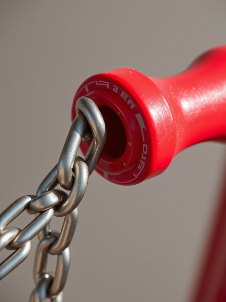 Regenerate an image of a metallic chain connected to a red handle, captured with a Canon EOS R, 50mm lens, aperture f/2.8, ISO 100, in natural light, with a clean background to enhance focus on the object.