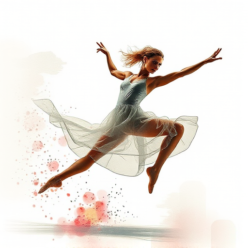 Create an artistic rendering of a dancer mid-action with a focus on movement, using a DSLR camera with a 50mm lens, aperture f/1.8, shutter speed 1/250s, ISO 100, capturing a dynamic low-angle view to emphasize elevation and energy, incorporating a watercolor effect with soft textured backgrounds for enhanced visual appeal.